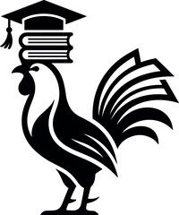 Minimalist black and white vector silhouette logo icon of a rooster wearing a graduation cap with books for education branding © ISMOTARA
