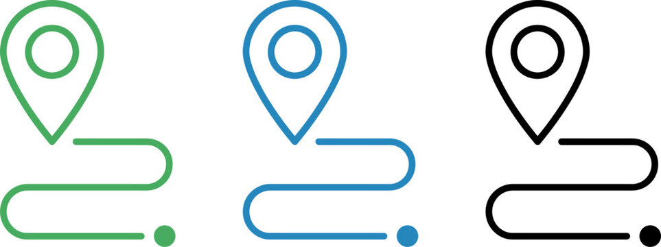 Set of three location pin icons with path lines, map markers with route paths, navigation symbols in green, blue and black colors