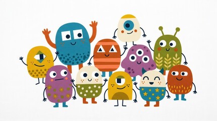 Naklejka premium Ten happy, cartoon monsters with diverse shapes and patterns wave and smile together