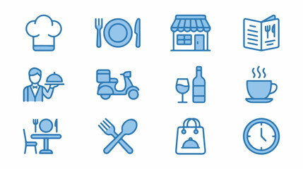 Fototapeta premium Set of blue line restaurant and food delivery service icons.