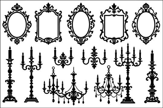 Set of black vintage picture frames and ornate chandeliers Vector