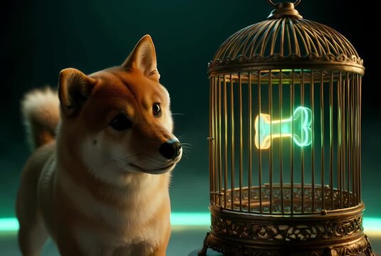 A dog looking at a glowing neon bone inside a decorative birdcage