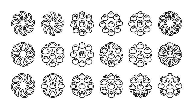 Collection of circular dim sum icons and dumplings in a modern outline style
