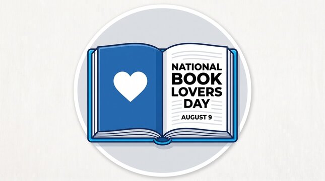 National Book Lovers Day graphic, open book with heart icon on blue background, August 9 celebration banner for literacy and reading