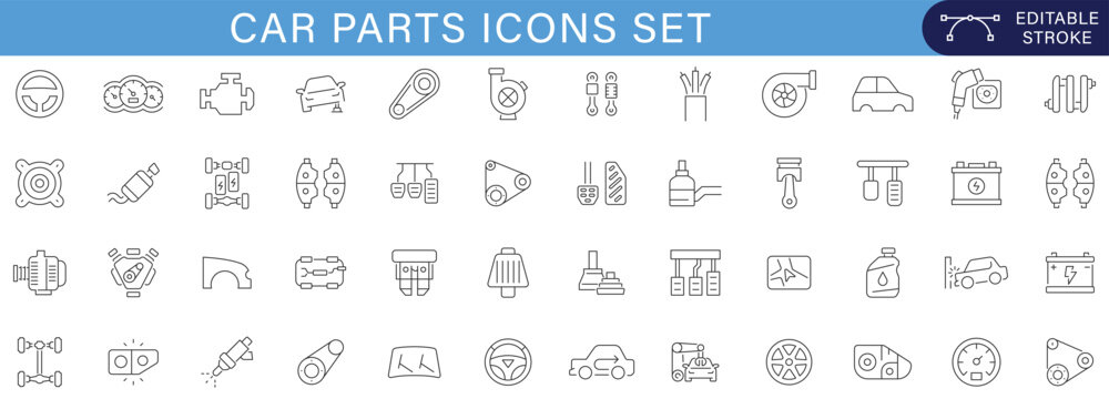 Car Parts and Automotive Components Line Icons Set Including Engine Brake Battery Steering Wheel Suspension Turbocharger and Vehicle Repair Symbols Editable Stroke