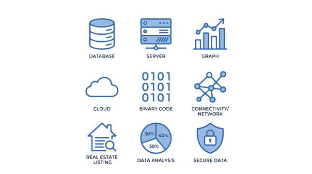 Set of modern line art icons for data technology and business analytics.