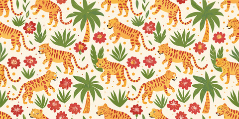 Tiger and tropical foliage floral pattern on a cream background © Dilip