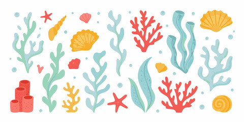 Obraz premium Marine life illustration with coral shells and seaweed on a white background