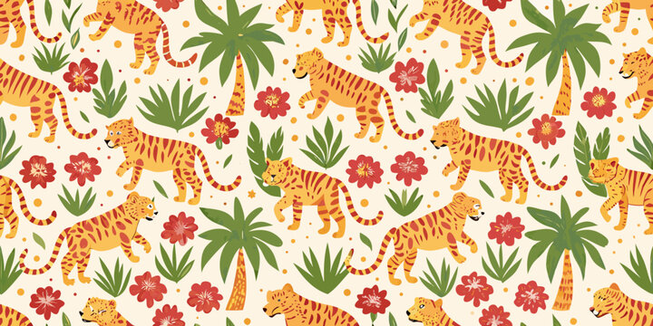 Tiger and tropical foliage floral pattern on a cream background
