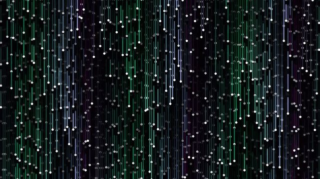 Abstract digital rain curtain of falling green binary data code stream