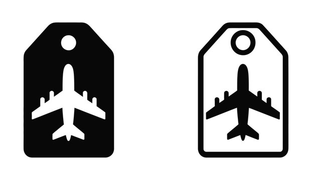 Airplane luggage tag icon set, black and white vector featuring travel baggage labels, airline identification tags, airport check-in symbols, tourism transportation design.