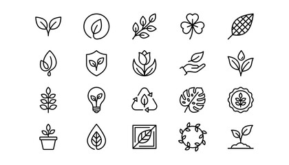 Set of simple line icons featuring leaves plants nature ecology and environmental sustainability signs © Nurzahan