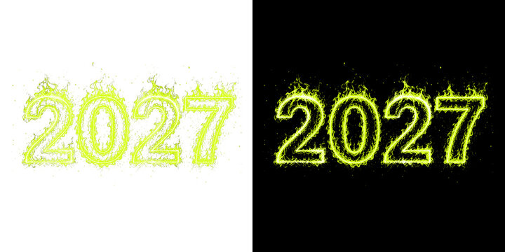 Yellow green fiery numbers 2027 burning effect text abstract background graphic design element celebration holiday.