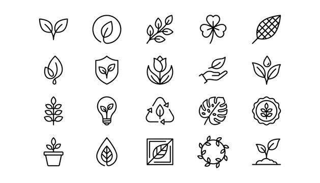 Set of simple line icons featuring leaves plants nature ecology and environmental sustainability signs