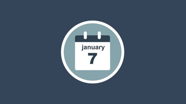 January 7 Date - modern calendar showcase within circle - blue background. Calendar date january 7 icon animation with flat design, schedule reminder, event planning and appointment concept.
