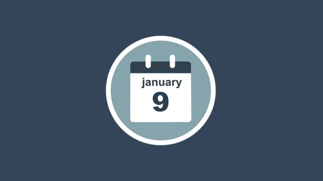 January 9 Date - modern calendar showcase within circle - blue background. Calendar date january 9 icon animation with flat design, schedule reminder, event planning and appointment concept.