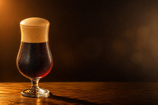 Nitro Cold Brew Coffee in Stemmed Glass with Creamy Foam and Condensation, Rule of Thirds Composition with Warm Golden Light on Dark Background, Copy Space for Text Overlay