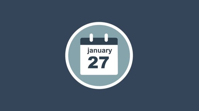 January 27 Date - modern calendar showcase within circle - blue background. Calendar date january 27 icon animation with flat design, schedule reminder, event planning and appointment concept.
