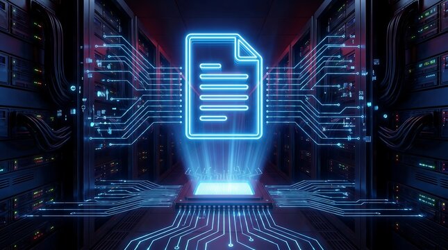 Glowing digital document file icon floating above server hardware and circuit board representing secure cloud data storage and modern information technology infrastructure