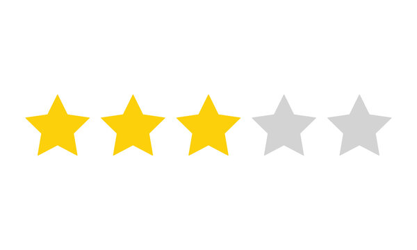 Three yellow stars rating isolated on white background with two grey empty icons denoting ranking evaluation performance feedback score review customer satisfaction choice web design element vector.