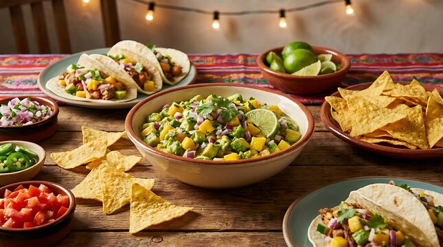 Delicious mexican food feast with tacos guacamole salsa and crunchy corn tortilla chips on wooden table. avocado mango salsa