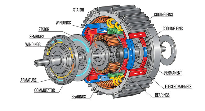 Electric Motor Disassembled View Showing Internal Components