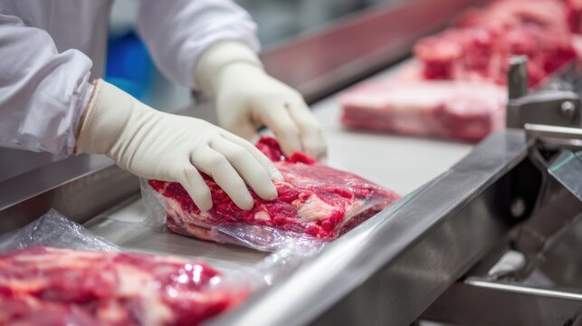 Worker wearing protective gloves vacuum seals fresh raw beef on a food processing production line, ensuring hygiene, food safety, quality control, and industrial packaging.