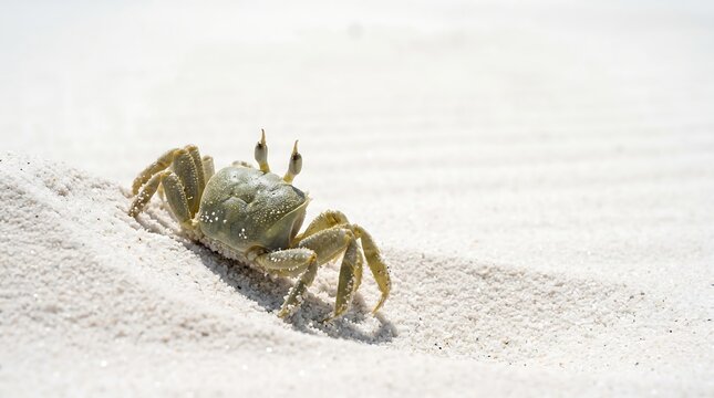 Detailed close up of ghost crab standing on white sandy beach with shallow depth of field highlighting coastal ecosystem and marine animal life on tropical shore
