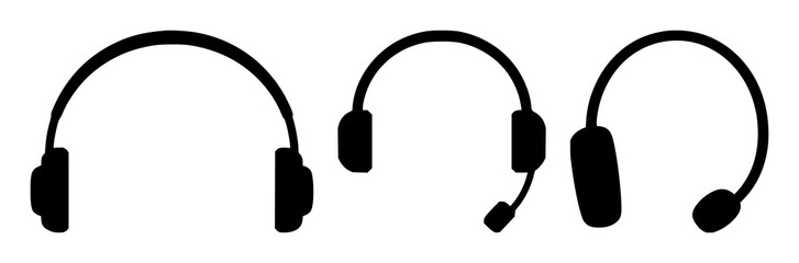 Obraz premium Headset icon set with solid black design on white background featuring 24/7 symbol, customer support theme, headset imagery with telephone and chat graphics