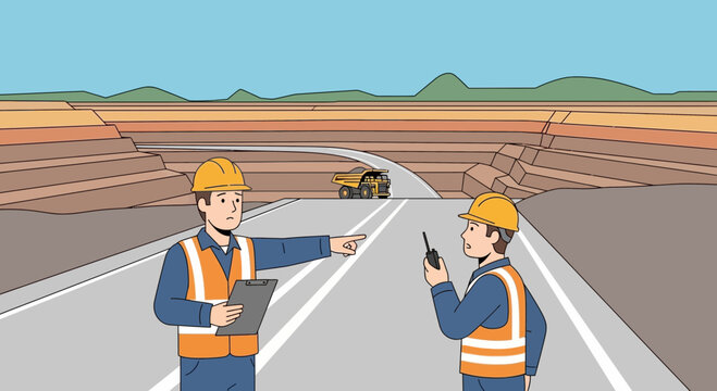 Construction workers directing traffic on highway at sunrise.