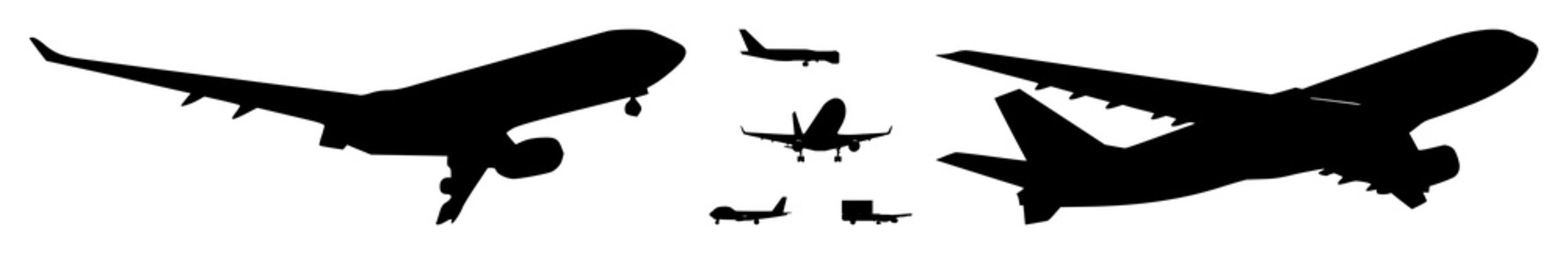 Air freight icon set with solid black silhouette on white background featuring airplane, cargo, shipping with freight and logistics