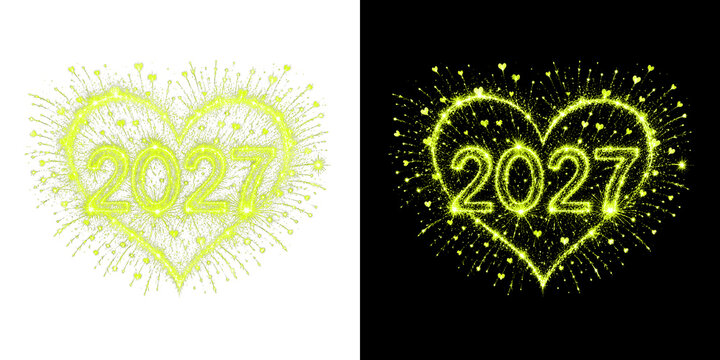 Yellow gold heart shape firework display 2027 isolated on black and transparent background for festive anniversary party design.