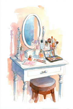 Watercolor illustration of an elegant makeup vanity with mirror, cosmetics and brushes, isolated on white background for beauty, skincare, lifestyle and feminine interior concepts