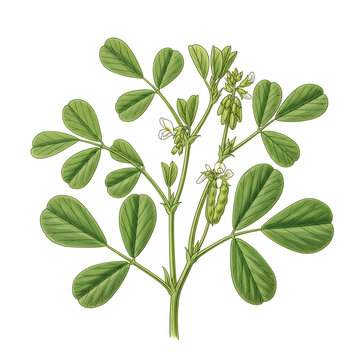 Green alfalfa plant with leaves and seed pods