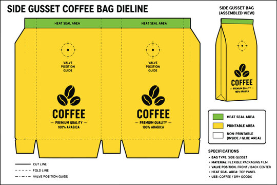 Side gusset coffee bag packaging dieline template Vector