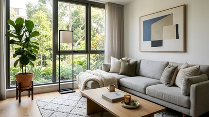 Fototapeta premium Modern living room with sectional sofa, large window, plants, and coffee table
