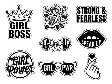 Bold cartoon sticker set of 8 featuring girl boss crown, roses, dumbbell, lips, sunglasses and empowerment quotes for feminine design
