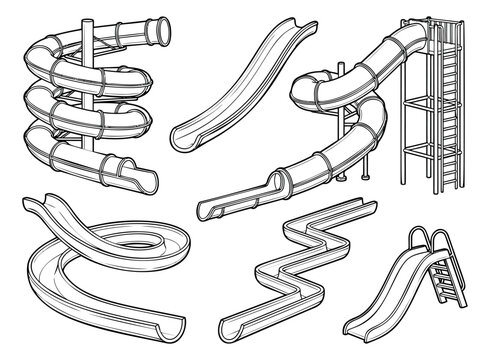 Outline icon set of 8 water slides featuring spiral tube rides, pool chutes and playground equipment for amusement park design