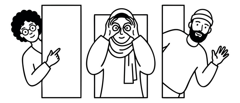 Outline illustration set of 3 diverse people peeking depicting surprise and curiosity for social and communication design