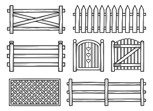 Outline icon set of 8 wooden fence panels featuring picket gate garden and ranch barrier styles for rural design
