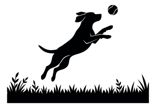 Silhouette illustration of playful dog jumping depicting fetching a tennis ball for pet and animal design