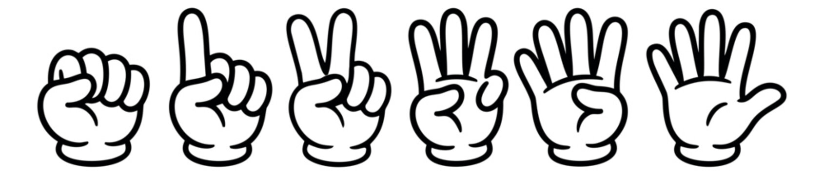 Cartoon icon set of 5 hands depicting counting gestures from zero to five fingers for educational design