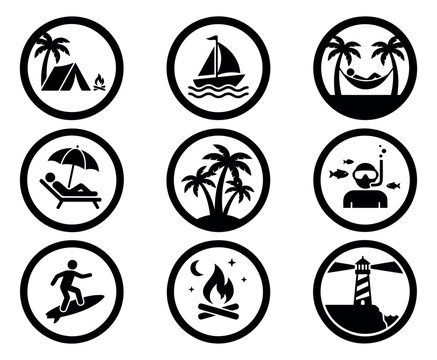 Silhouette icon set of 9 summer vacation symbols featuring beach camping sailing surfing snorkeling and lighthouse concepts for travel design