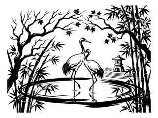 Obraz premium Woodcut illustration of two cranes depicting a serene Japanese garden with bamboo and stone lantern for Asian art design
