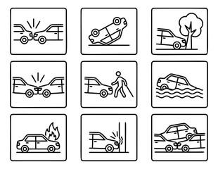 Fototapeta premium Outline icon set of 9 car accident types featuring collision, rollover, flood, fire and pedestrian incidents for insurance design