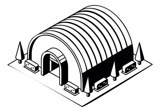 Outline illustration of an arched warehouse building depicting isometric quonset hut structure for architecture and industrial design
