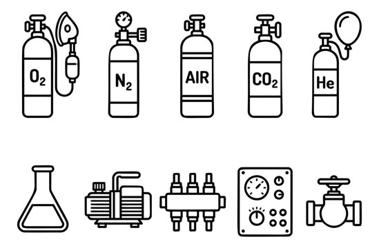 Outline icon set of 9 industrial gas cylinders and laboratory equipment featuring oxygen nitrogen helium CO2 air tanks flask pump and valve for science design