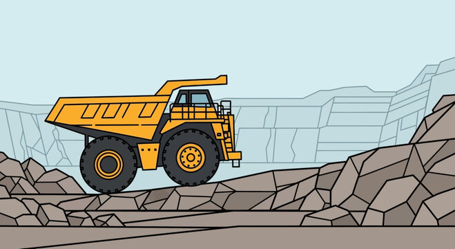 Yellow dump truck carrying gravel on rocky terrain.