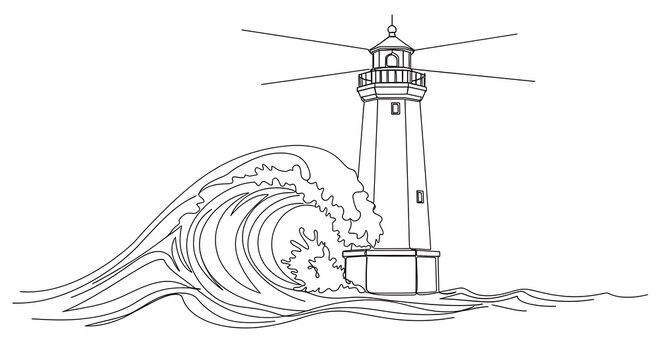 Minimalist continuous line drawing of a coastal lighthouse with a large ocean wave crashing against its base on white background