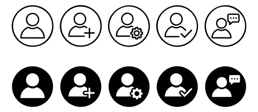 Outline and silhouette icon set of 10 user profile symbols featuring add user, settings, verified and chat options for ui design